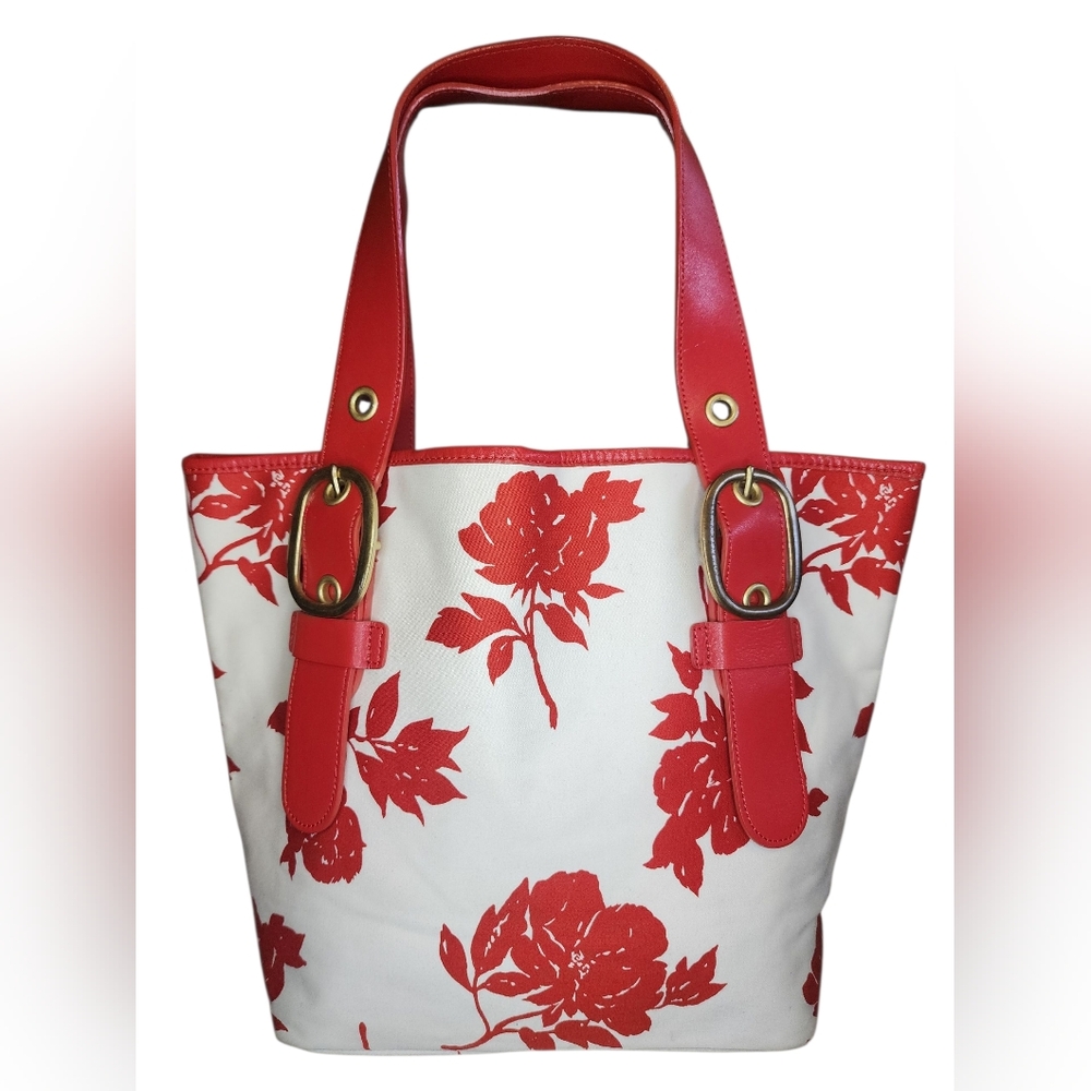 BANANA REPUBLIC ✨️Rare✨️ Red Floral Print Tote Bag, Leather Trim, Brass Hardware